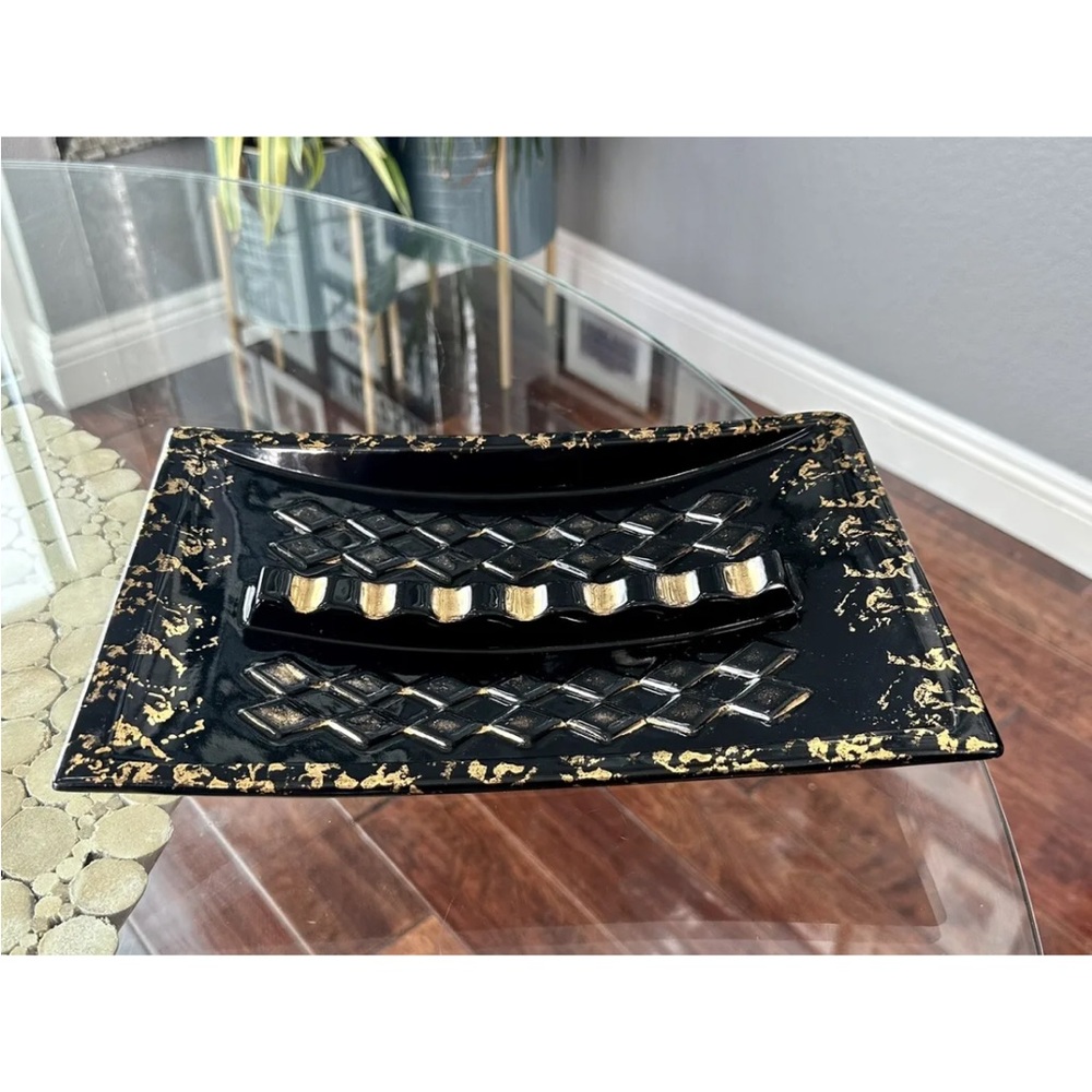 Fabulous, Huge MCM Black Ceramic Ashtray w/ Handpainted 22K Accents – ICONIC!